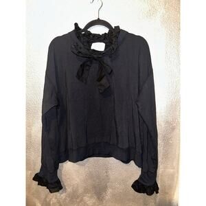 Selkie Black Ruffle Tie Neck Long Sleeve Top XL